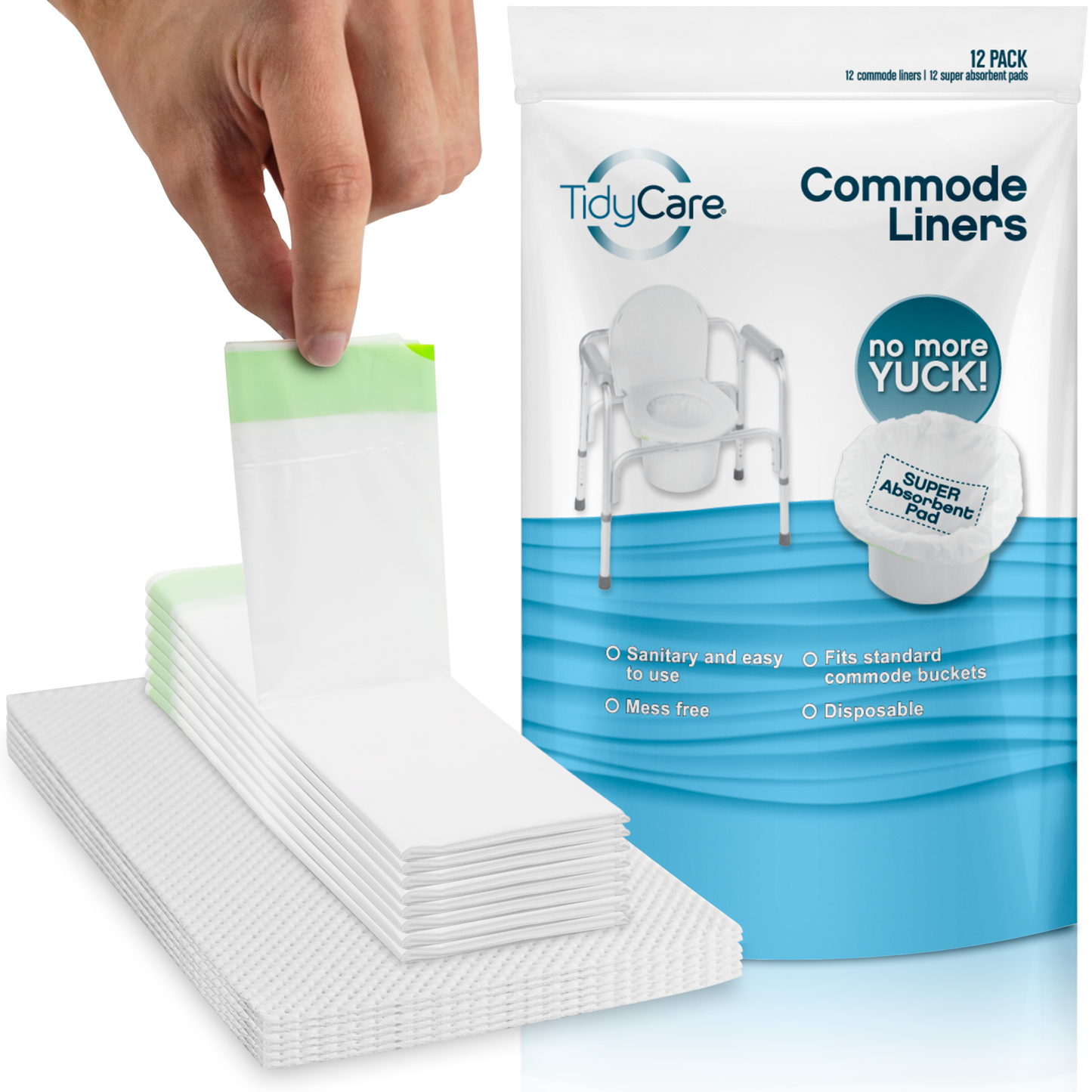 TidyCare Commode Liners and Absorbent Pads for Bedside Toilet Chair Bucket | Universal Fit