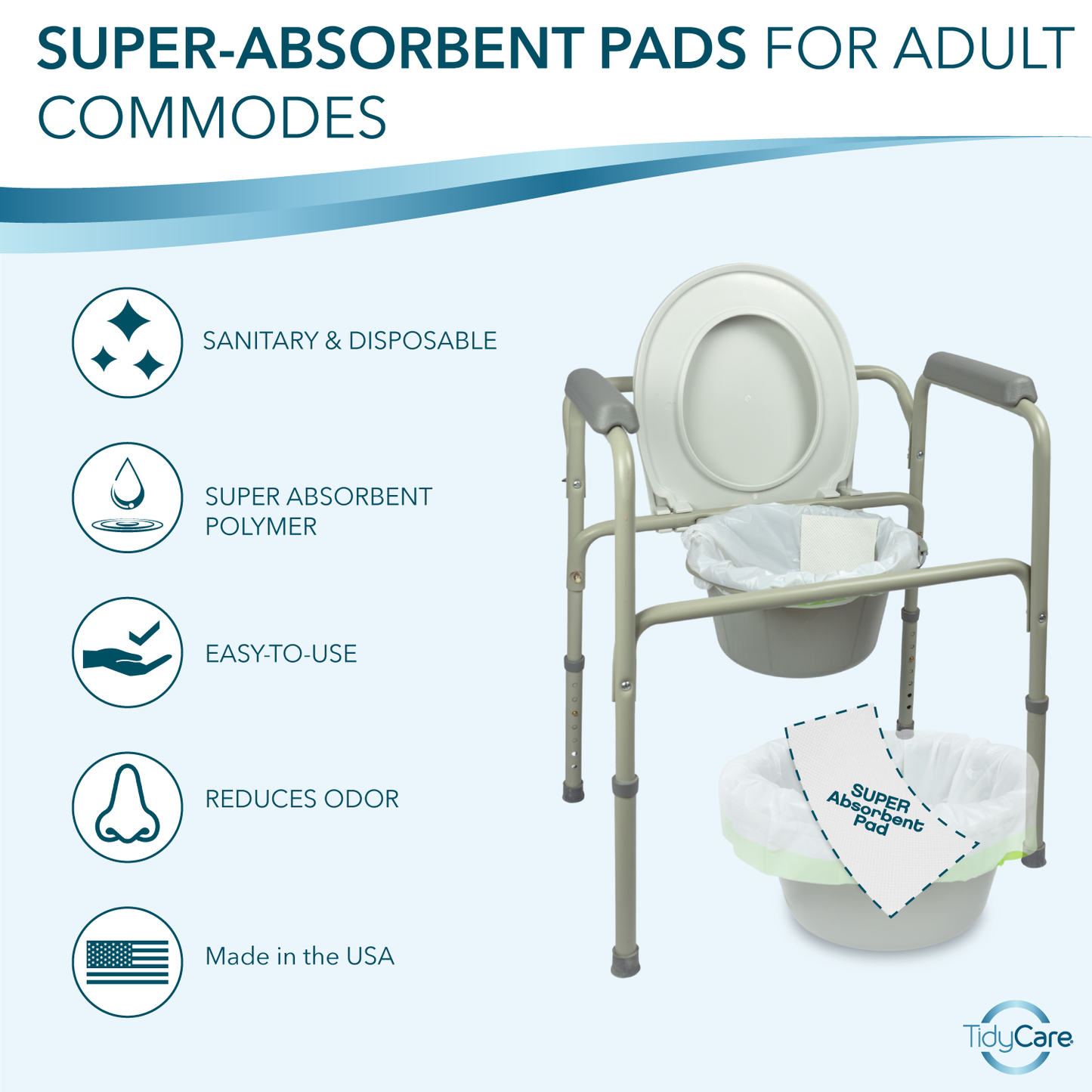 TidyCare Absorbent Commode Pads for Portable Bedside Toilet Chair Buckets and Bedpans | Value Pack of 40 | Disposable, Reduces Odor from Liquid Waste